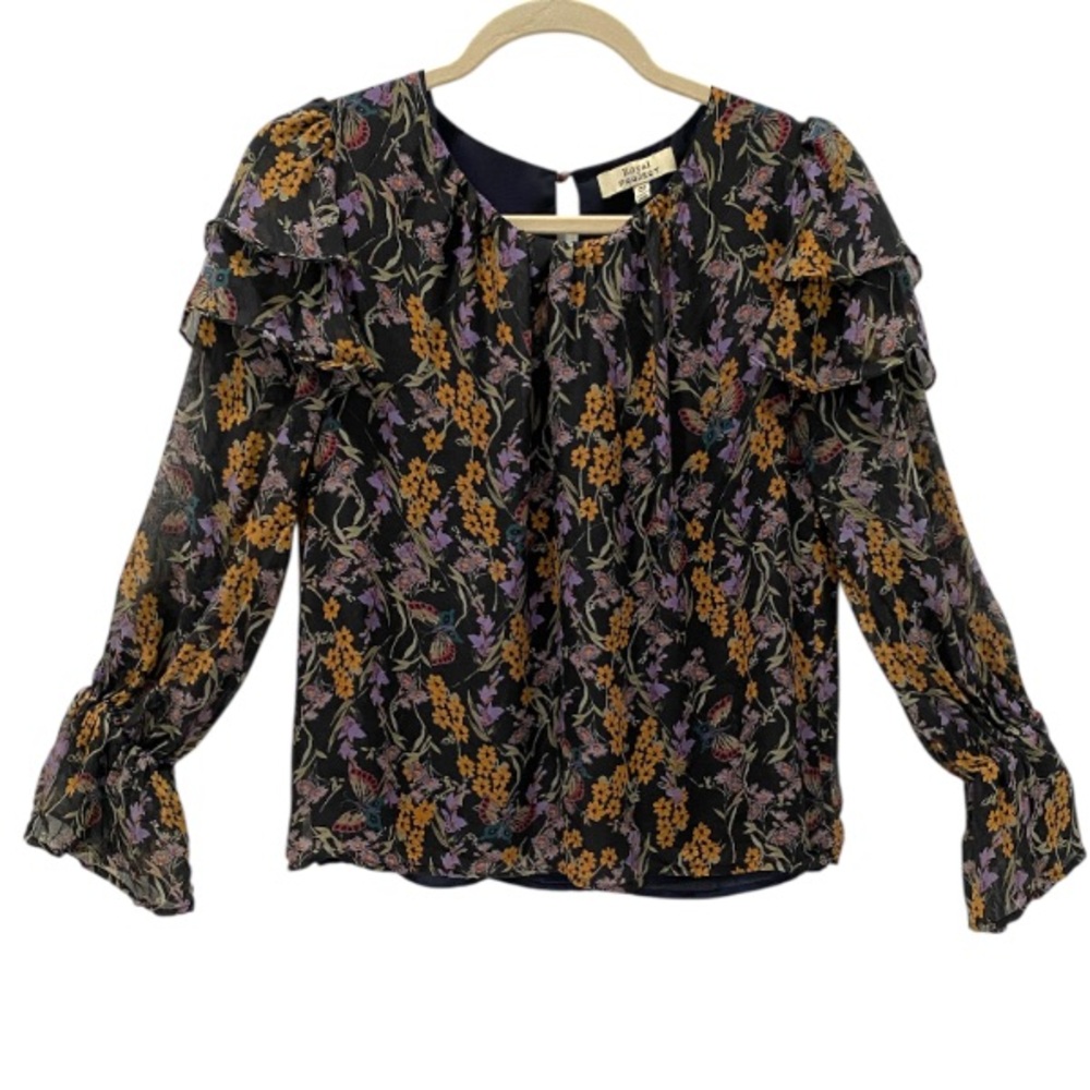 Royal Project 100% Silk Black Floral Blouse with Ruffles Lined Size SP